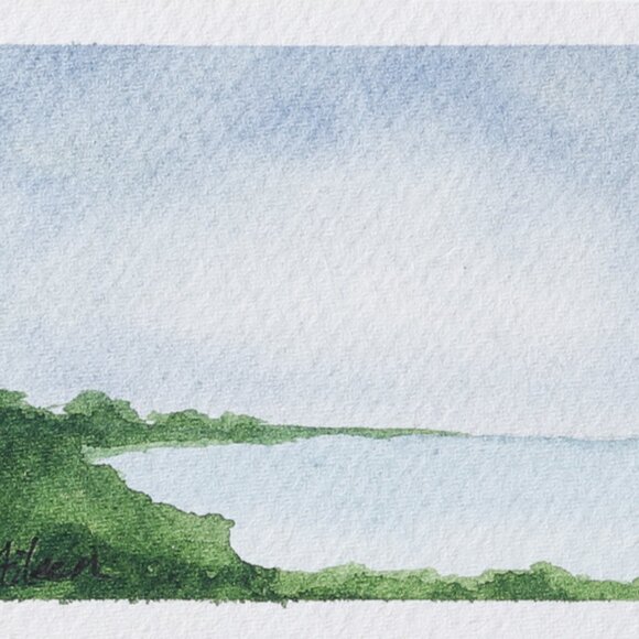 ACEO Watercolor Painting Landscape Peaceful Lake in The Countryside Signed - Picture 1 of 3